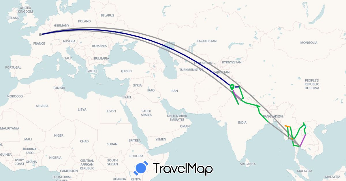 TravelMap itinerary: driving, bus, plane, train, boat, hitchhiking in France, India, Laos, Myanmar (Burma), Nepal, Thailand (Asia, Europe)